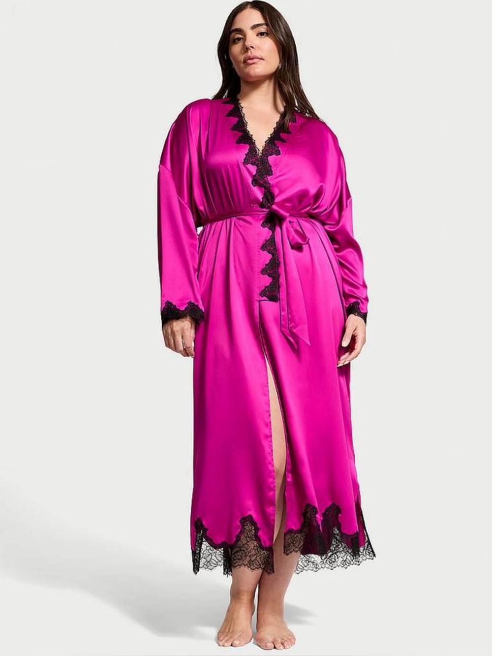 Victoria's Secret Robe Womens M/L Pink Satin Lace Trim Open Back Long
